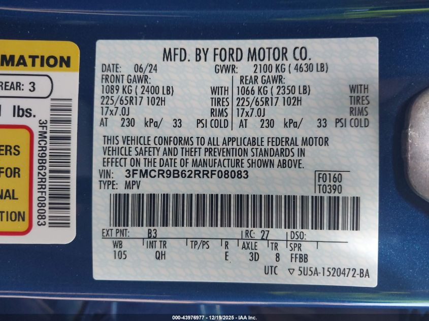 2024 Ford Bronco Sport Big Bend VIN: 3FMCR9B62RRF08083 Lot: 43976977