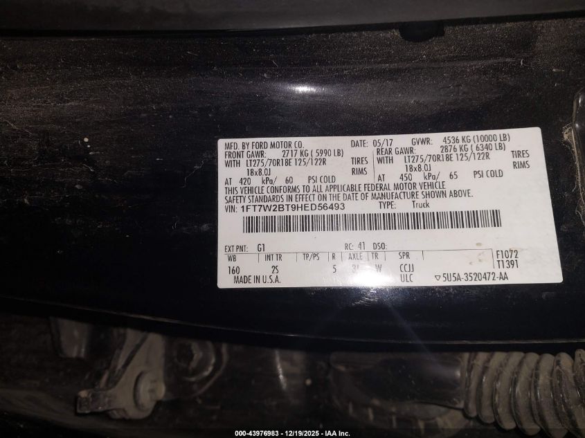2017 Ford F-250 Xlt VIN: 1FT7W2BT9HED56493 Lot: 43976983