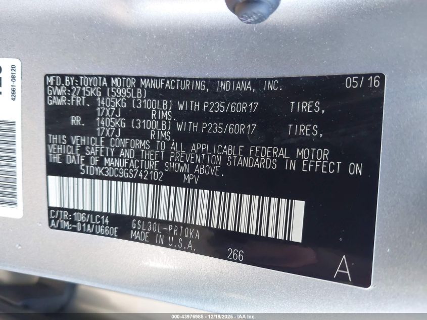 2016 Toyota Sienna Xle 8 Passenger VIN: 5TDYK3DC9GS742102 Lot: 43976985