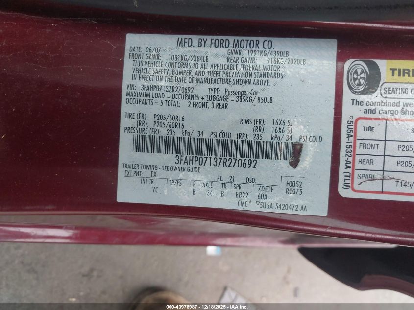 2007 Ford Fusion Se VIN: 3FAHP07137R270692 Lot: 43976987