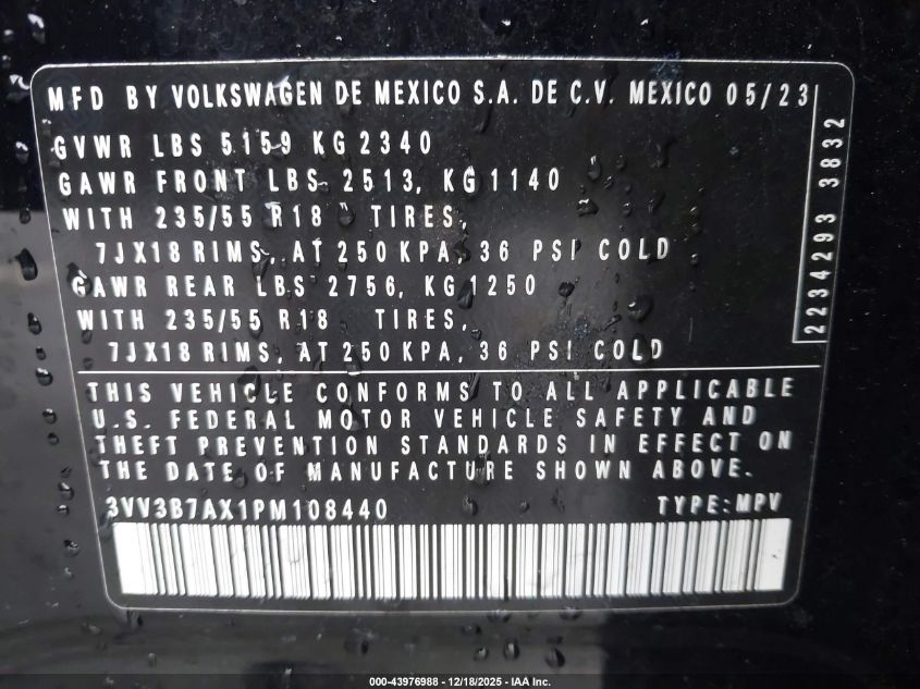 2023 Volkswagen Tiguan 2.0T Se VIN: 3VV3B7AX1PM108440 Lot: 43976988