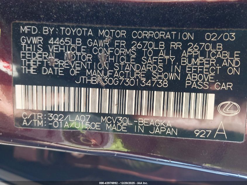 2003 Lexus Es 300 VIN: JTHBF30G730134738 Lot: 43976992