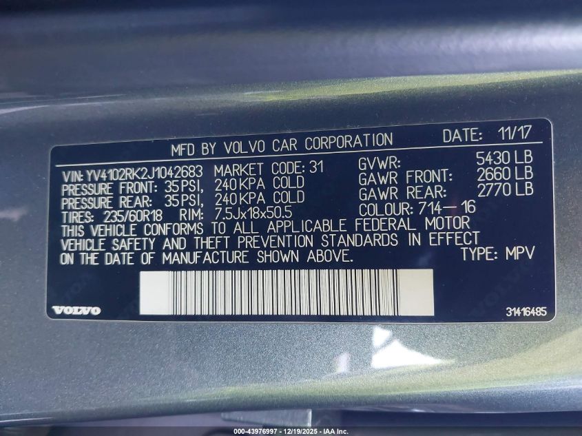 2018 Volvo Xc60 T5 Momentum VIN: YV4102RK2J1042683 Lot: 43976997