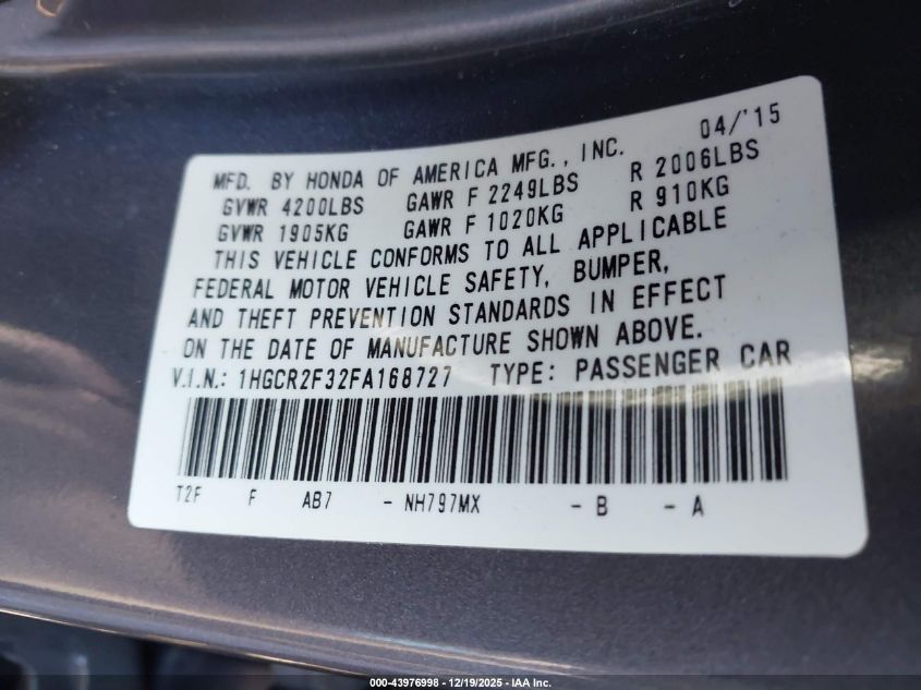 2015 Honda Accord Lx VIN: 1HGCR2F32FA168727 Lot: 43976998