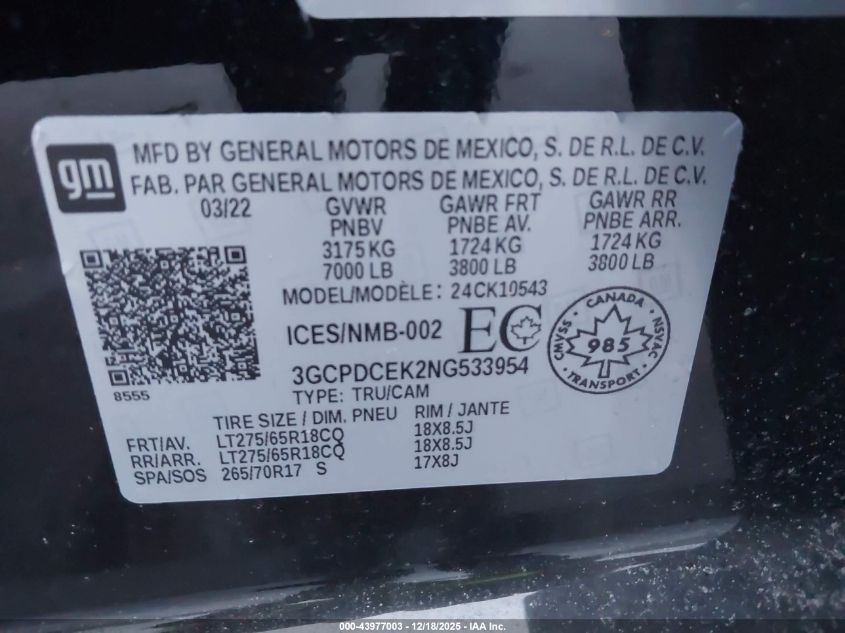 2022 Chevrolet Silverado 1500 Custom Trail Boss VIN: 3GCPDCEK2NG533954 Lot: 43977003