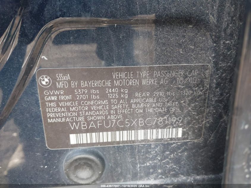 2011 BMW 535I xDrive VIN: WBAFU7C5XBC781199 Lot: 43977007