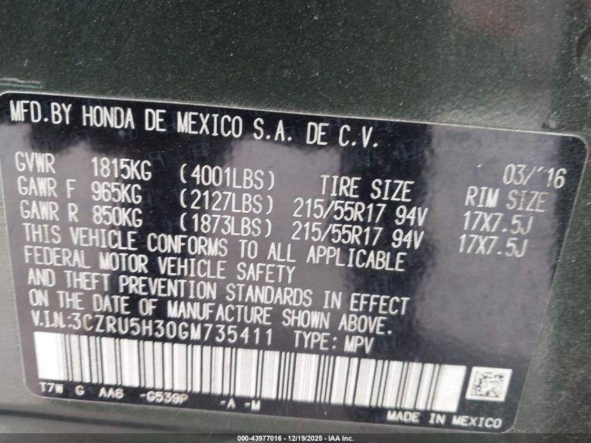 2016 Honda Hr-V Lx VIN: 3CZRU5H30GM735411 Lot: 43977016