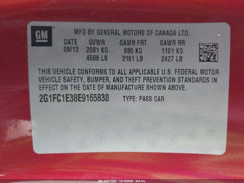 2014 Chevrolet Camaro 2Lt VIN: 2G1FC1E38E9165830 Lot: 43977020