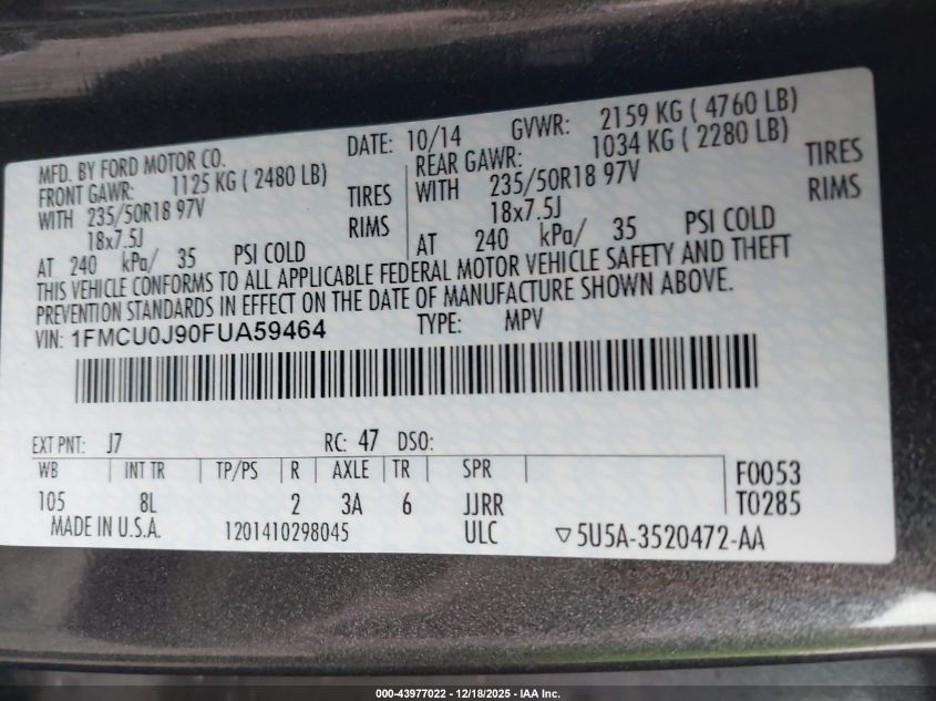 2015 Ford Escape Titanium VIN: 1FMCU0J90FUA59464 Lot: 43977022