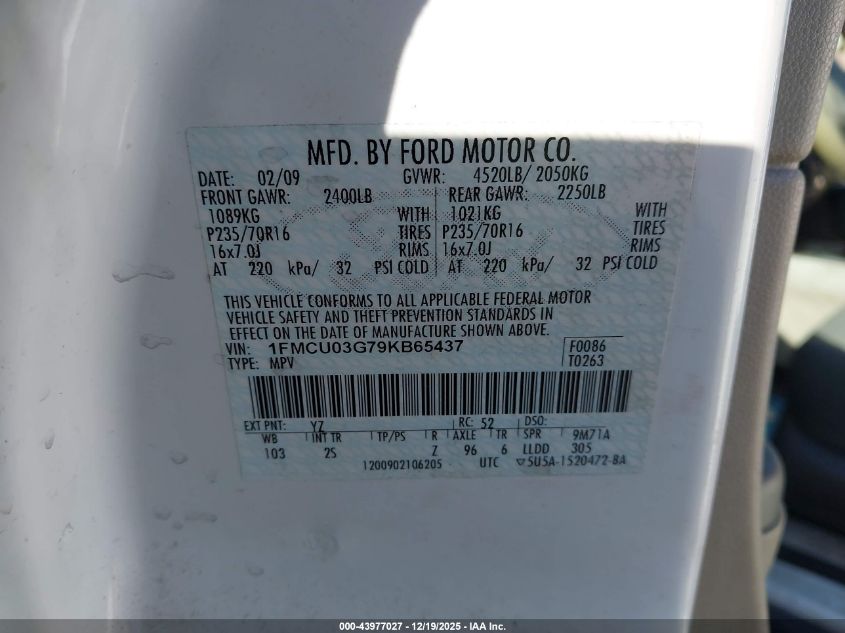 2009 Ford Escape Xlt VIN: 1FMCU03G79KB65437 Lot: 43977027