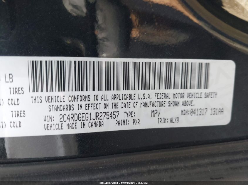 2018 Dodge Grand Caravan Gt VIN: 2C4RDGEG1JR275457 Lot: 43977031