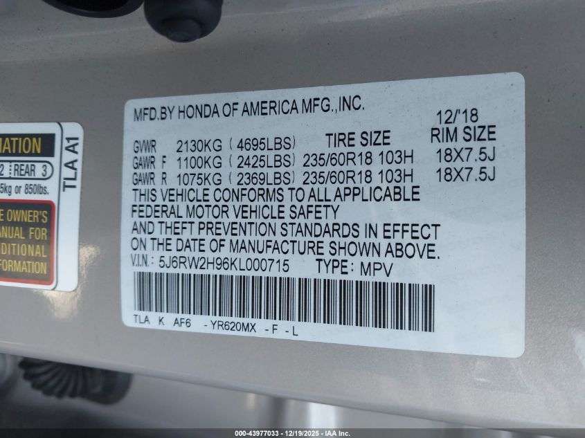 2019 Honda Cr-V Touring VIN: 5J6RW2H96KL000715 Lot: 43977033