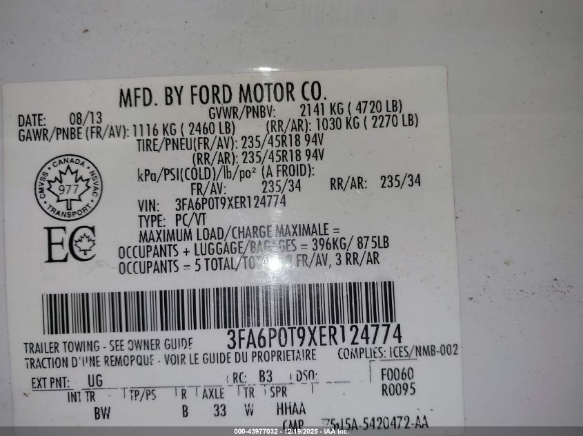 2014 Ford Fusion Se VIN: 3FA6P0T9XER124774 Lot: 43977032
