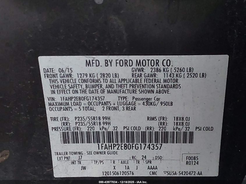 2015 Ford Taurus Sel VIN: 1FAHP2E80FG174357 Lot: 43977034