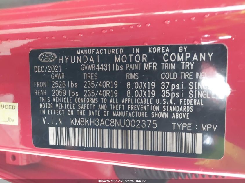 2022 Hyundai Kona N VIN: KM8KH3AC8NU002375 Lot: 43977037