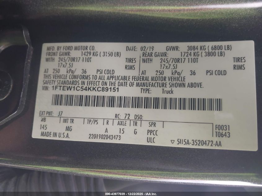 2019 Ford F-150 Xlt VIN: 1FTEW1C54KKC89151 Lot: 43977039
