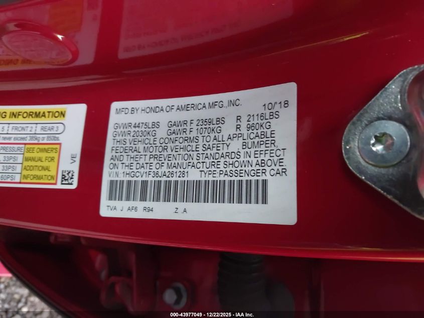 2018 Honda Accord Sport VIN: 1HGCV1F36JA261281 Lot: 43977049