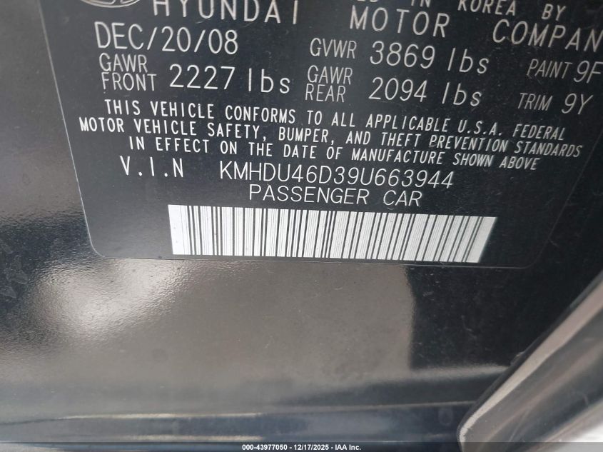 2009 Hyundai Elantra Se VIN: KMHDU46D39U663944 Lot: 43977050
