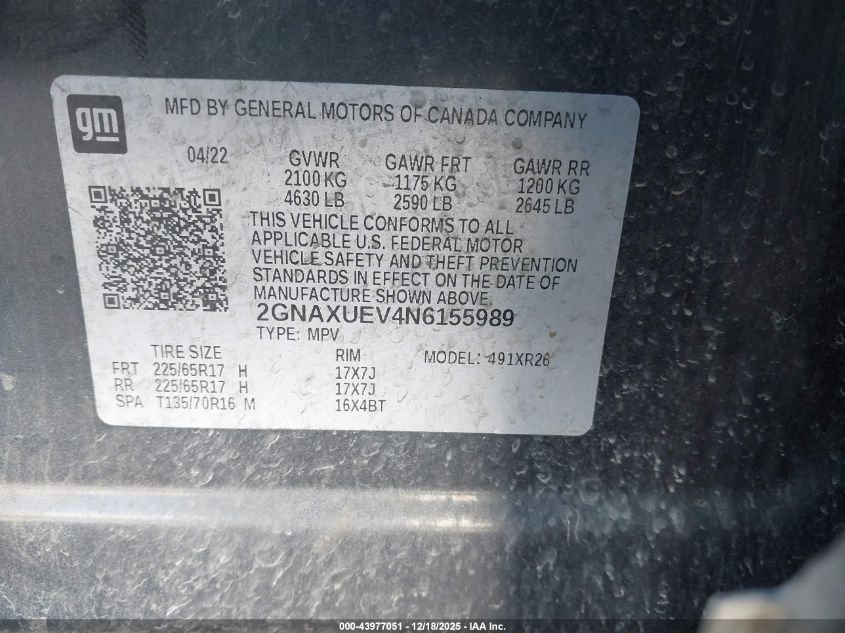 2022 Chevrolet Equinox Awd Lt VIN: 2GNAXUEV4N6155989 Lot: 43977051