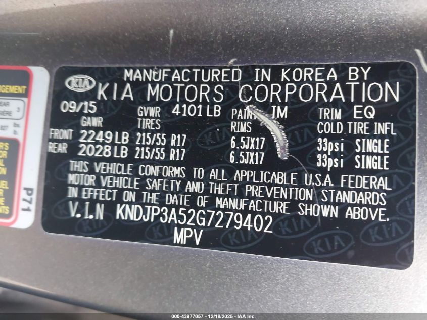 2016 Kia Soul + VIN: KNDJP3A52G7279402 Lot: 43977057