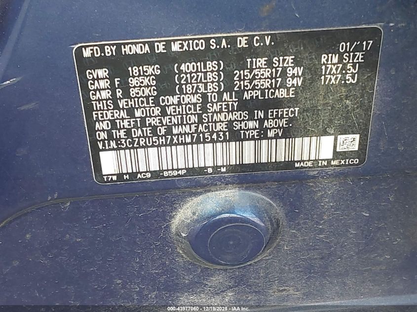 2017 Honda Hr-V Ex-L VIN: 3CZRU5H7XHM715431 Lot: 43977060