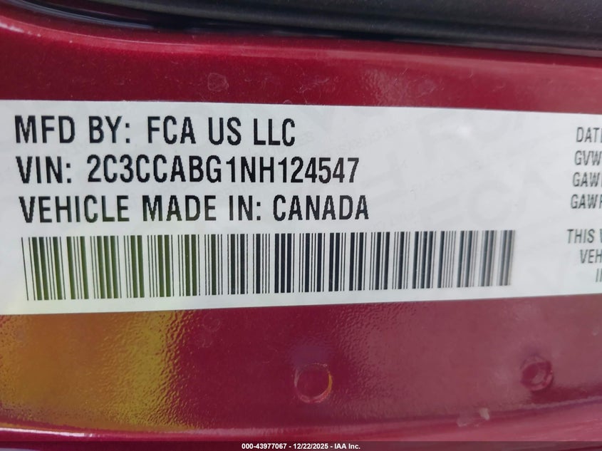 VIN 2C3CCABG1NH124547 2022 CHRYSLER 300 S