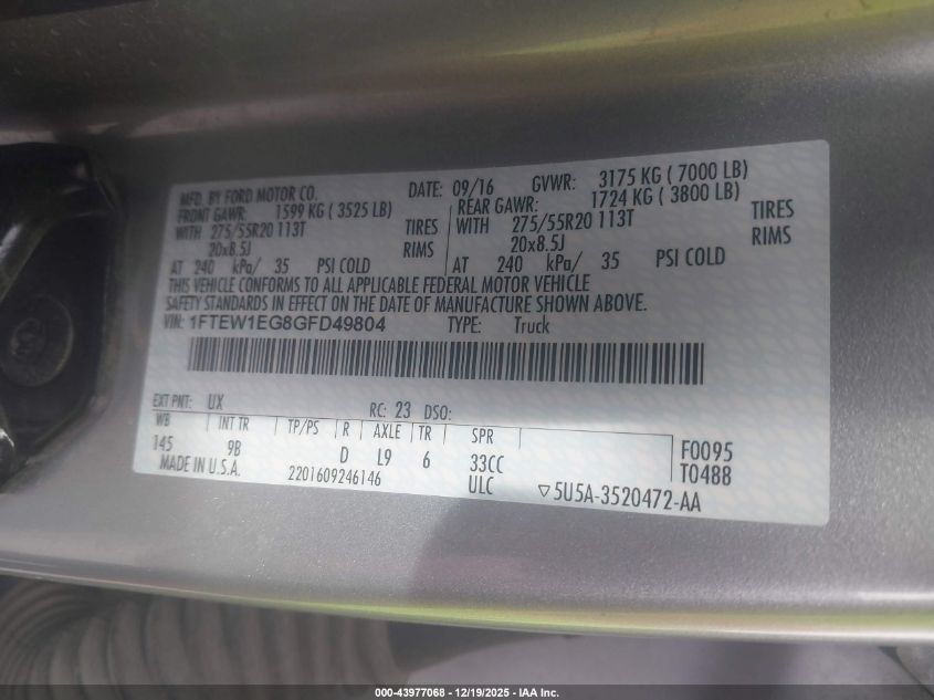 2016 Ford F-150 Platinum VIN: 1FTEW1EG8GFD49804 Lot: 43977068