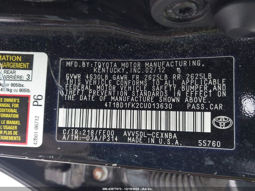 2012 Toyota Camry Hybrid Le VIN: 4T1BD1FK2CU013630 Lot: 43977073