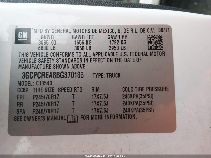 2011 Chevrolet Silverado 1500 Ls VIN: 3GCPCREA8BG370185 Lot: 43977076