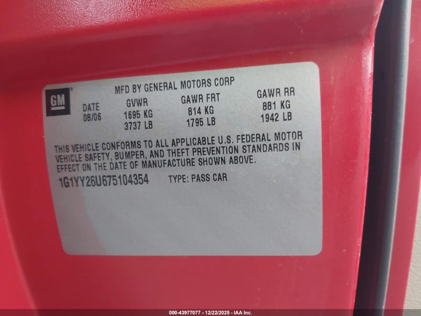 2007 Chevrolet Corvette VIN: 1G1YY26U675104354 Lot: 43977077