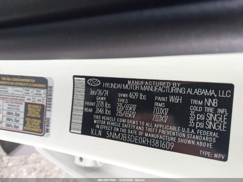 2024 Hyundai Tucson Sel VIN: 5NMJB3DE0RH381609 Lot: 43977080