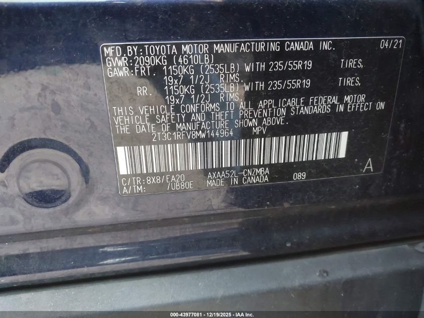 2021 Toyota Rav4 Xle Premium VIN: 2T3C1RFV8MW144964 Lot: 43977081