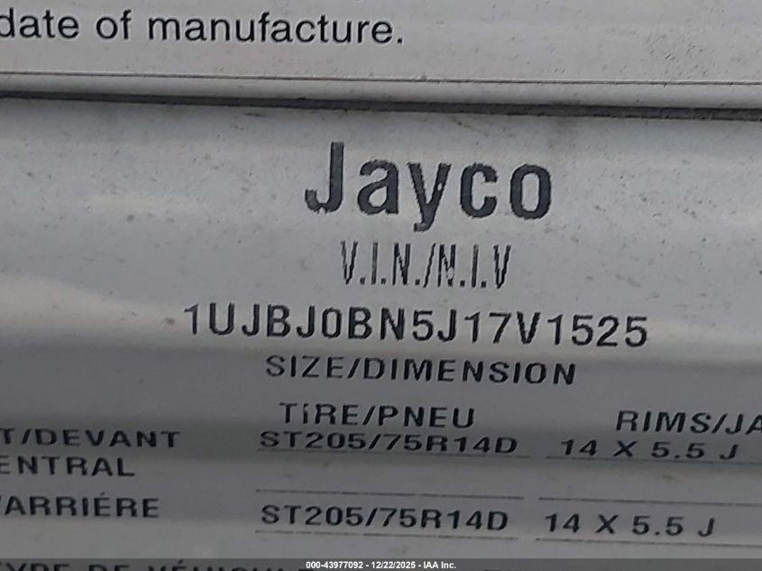 2018 Jayco Other VIN: 1UJBJ0BN5J17V1525 Lot: 43977092