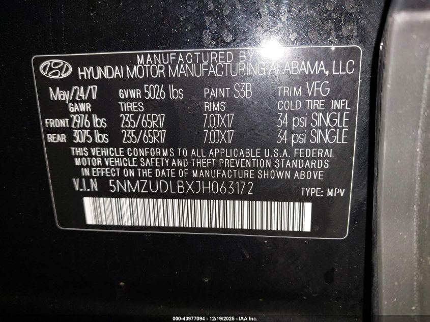 2018 Hyundai Santa Fe Sport 2.4L VIN: 5NMZUDLBXJH063172 Lot: 43977094