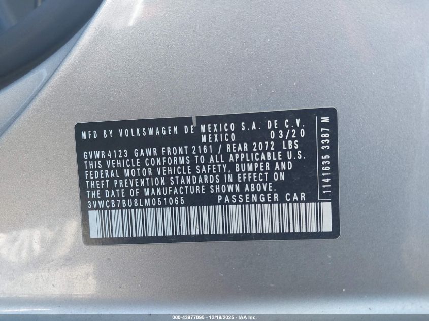 2020 Volkswagen Jetta 1.4T R-Line/1.4T S/1.4T Se VIN: 3VWCB7BU8LM051065 Lot: 43977095