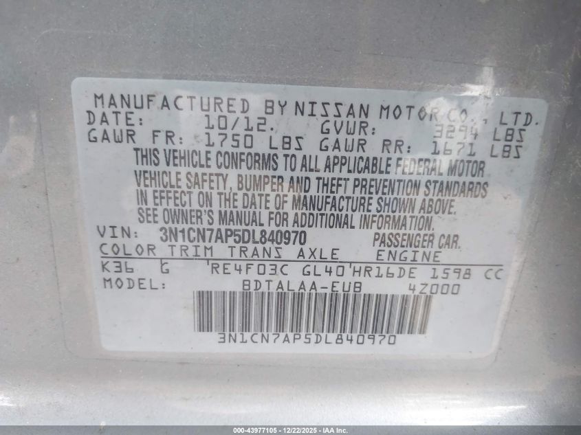 2013 Nissan Versa 1.6 S VIN: 3N1CN7AP5DL840970 Lot: 43977105