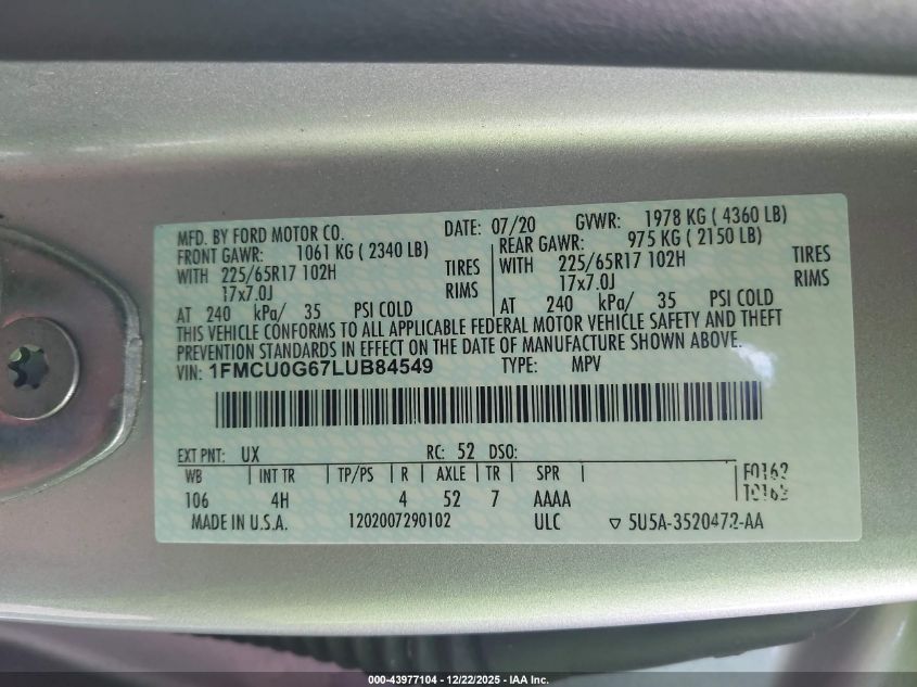2020 Ford Escape Se VIN: 1FMCU0G67LUB84549 Lot: 43977104