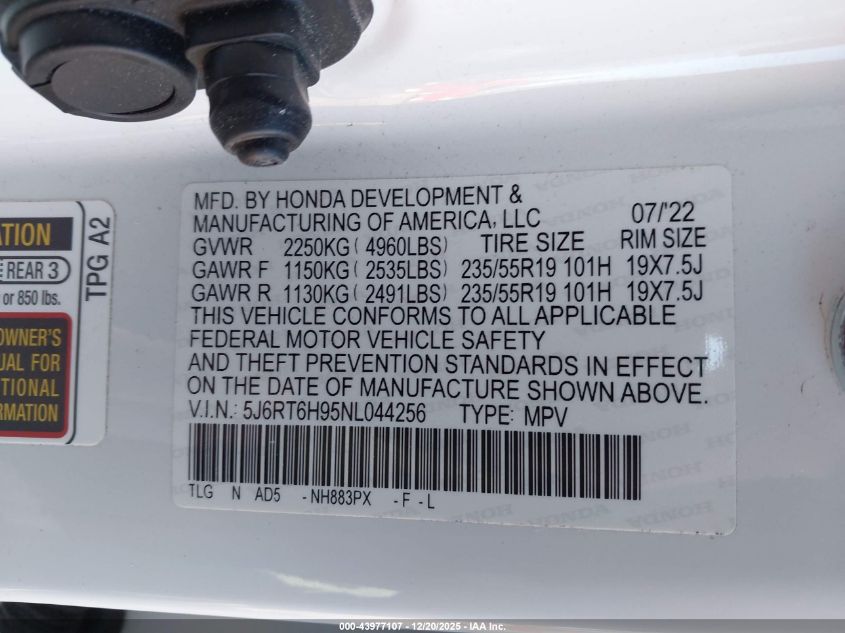2022 Honda Cr-V Hybrid Touring VIN: 5J6RT6H95NL044256 Lot: 43977107