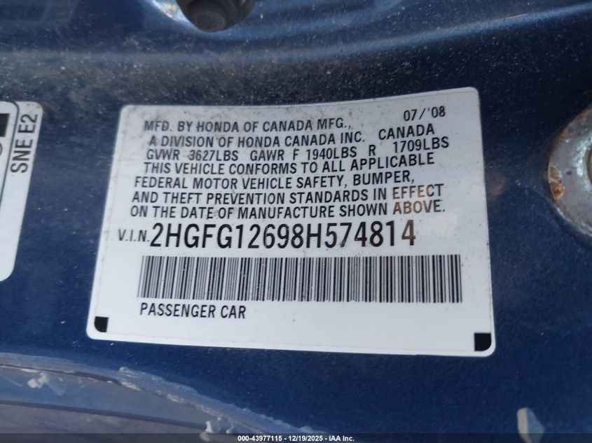 2008 Honda Civic Lx VIN: 2HGFG12698H574814 Lot: 43977115