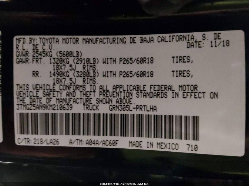 2019 Toyota Tacoma Limited VIN: 3TMGZ5AN9KM210639 Lot: 43977118
