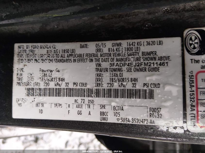 2015 Ford Fiesta Se VIN: 3FADP4EJ2FM211461 Lot: 43977120