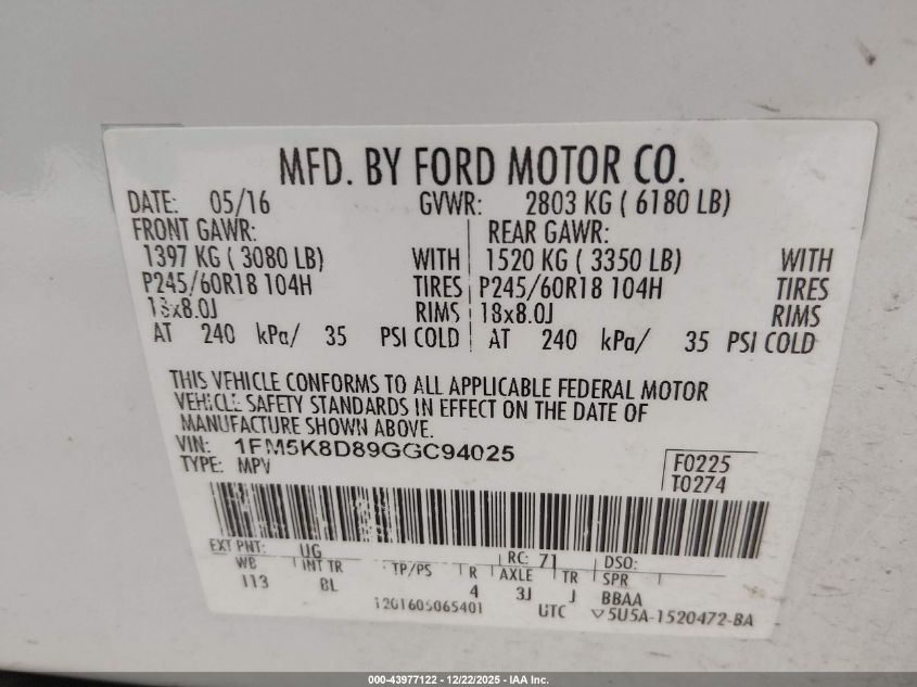 2016 Ford Explorer Xlt VIN: 1FM5K8D89GGC94025 Lot: 43977122