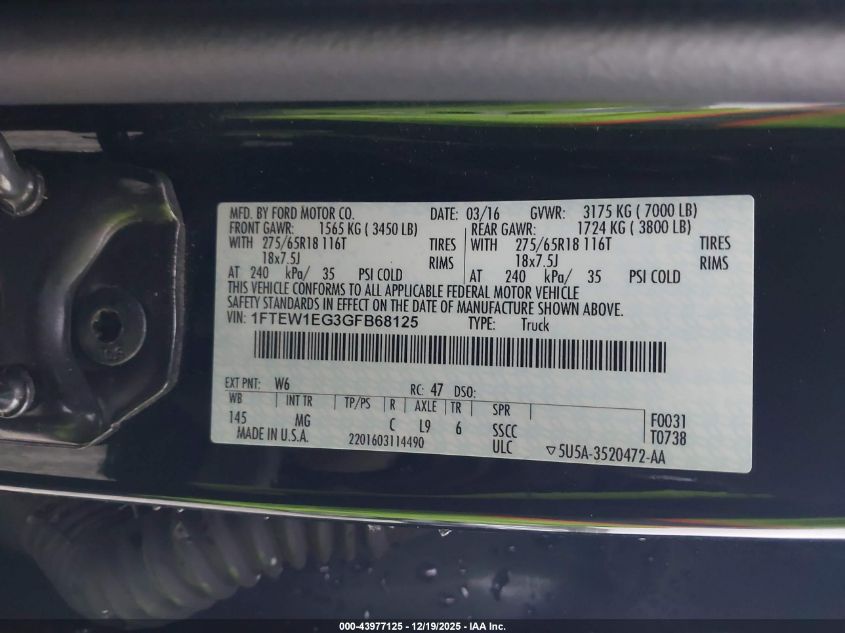 2016 Ford F-150 Xlt VIN: 1FTEW1EG3GFB68125 Lot: 43977125