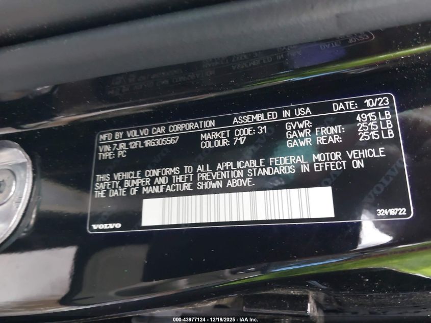 2024 Volvo S60 B5 Plus Dark Theme VIN: 7JRL12FL1RG305567 Lot: 43977124