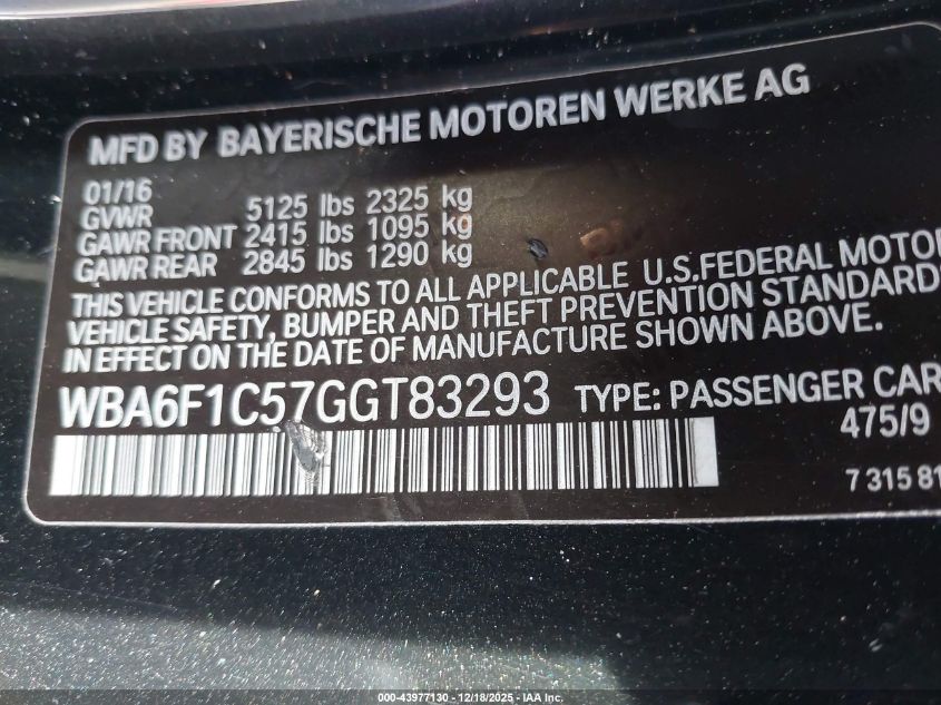 2016 BMW 640I VIN: WBA6F1C57GGT83293 Lot: 43977130