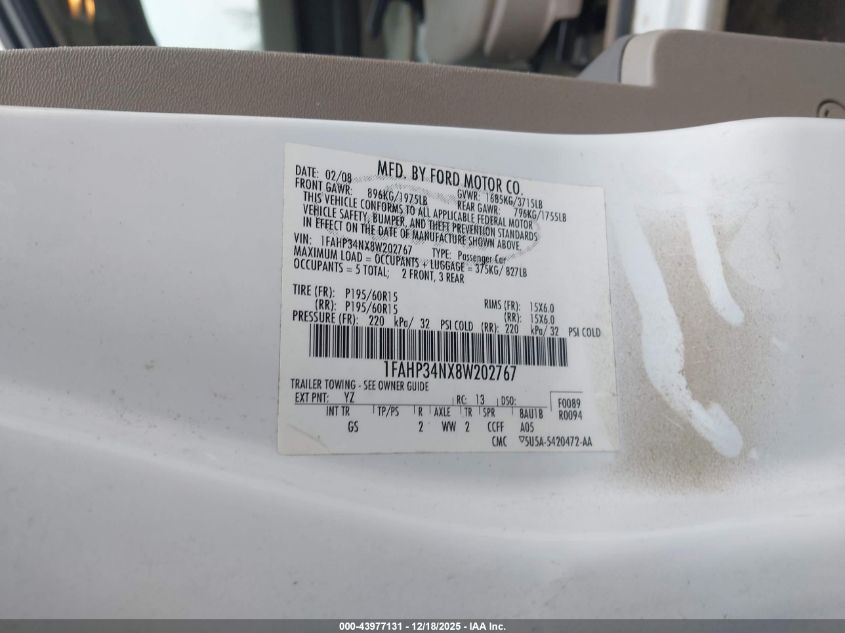 2008 Ford Focus S VIN: 1FAHP34NX8W202767 Lot: 43977131