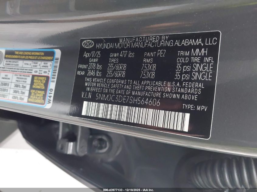 2025 Hyundai Tucson Sel Convenience VIN: 5NMJC3DE7SH564606 Lot: 43977133
