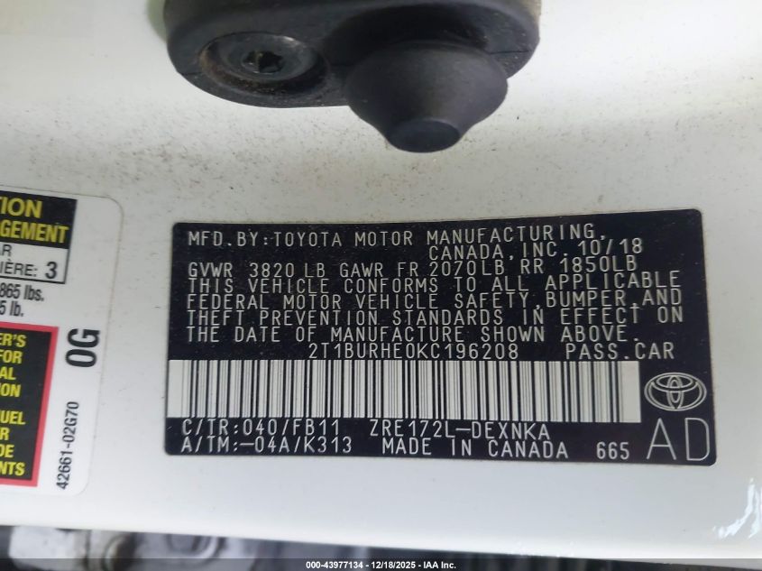 2019 Toyota Corolla Le VIN: 2T1BURHE0KC196208 Lot: 43977134