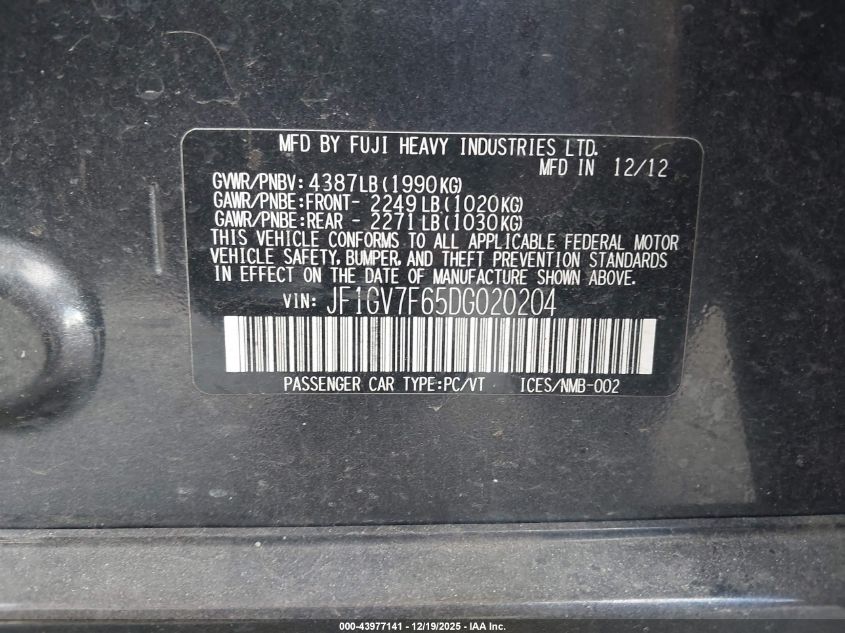 2013 Subaru Impreza Wrx Premium VIN: JF1GV7F65DG020204 Lot: 43977141