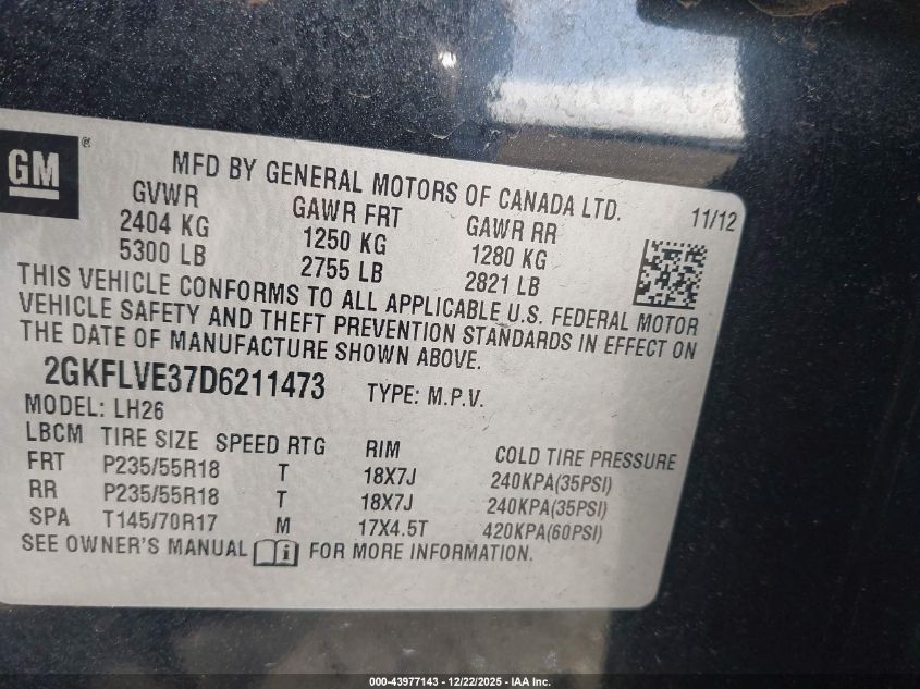 2013 GMC Terrain Slt-1 VIN: 2GKFLVE37D6211473 Lot: 43977143